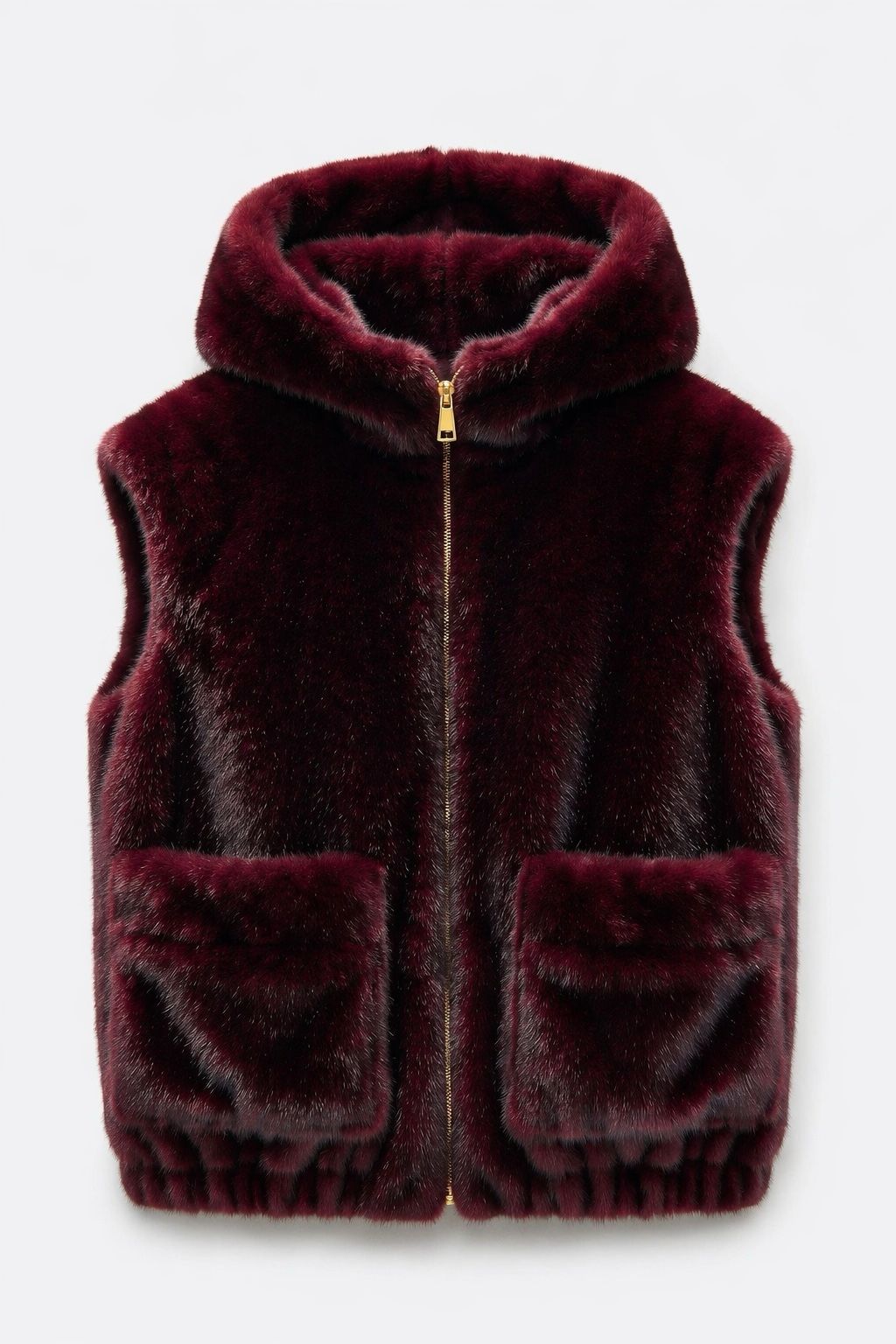 JA113 Burgundy Hooded Faux Mink Vest