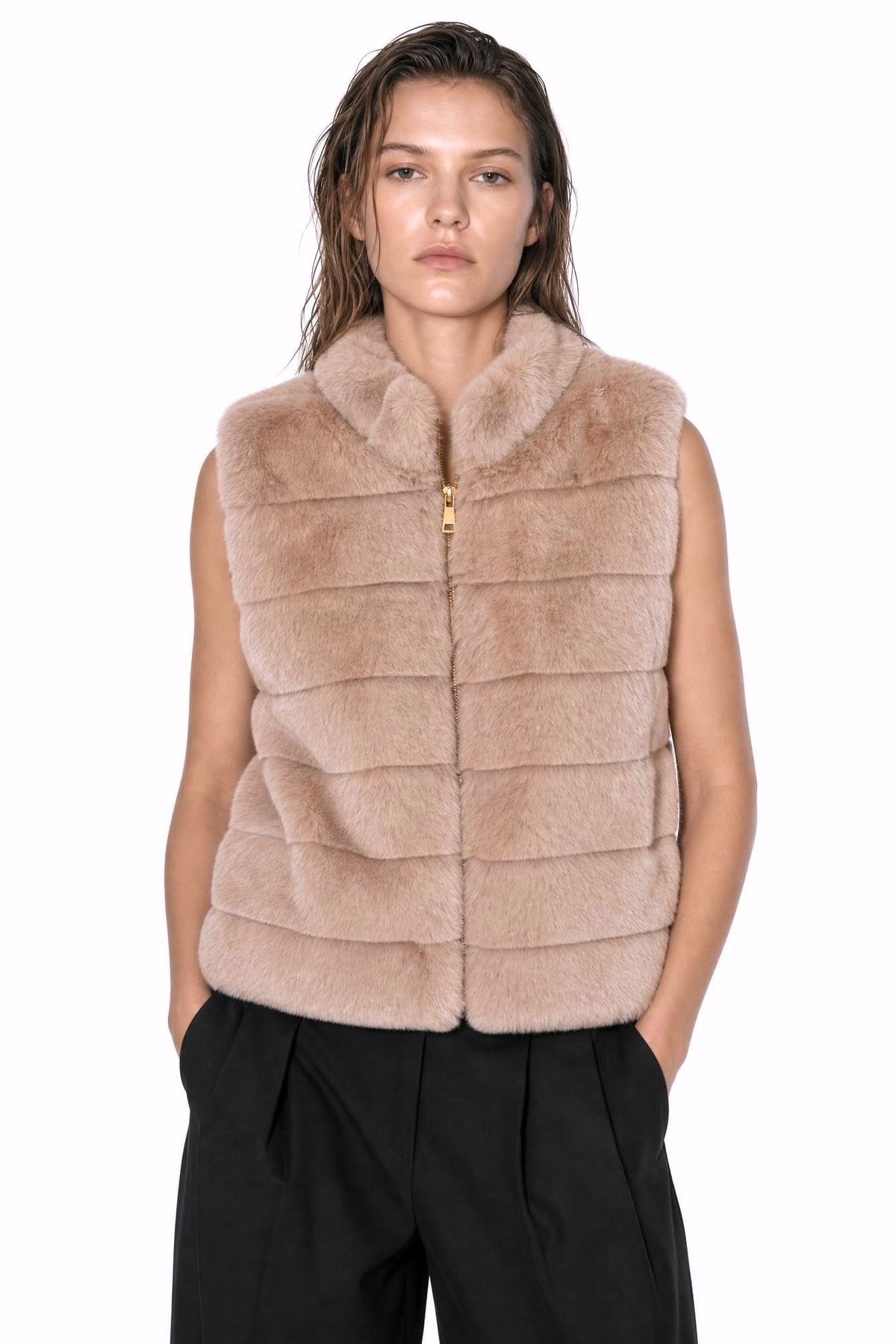 JA124 Pink Ribbed Faux Mink Vest