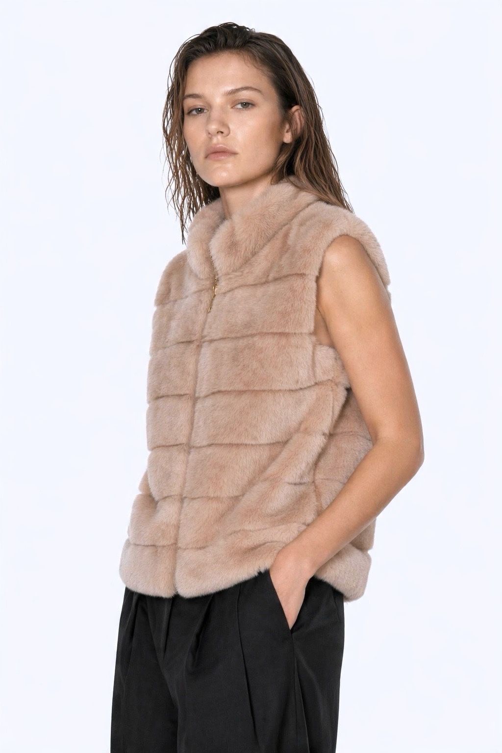 JA124 Pink Ribbed Faux Mink Vest