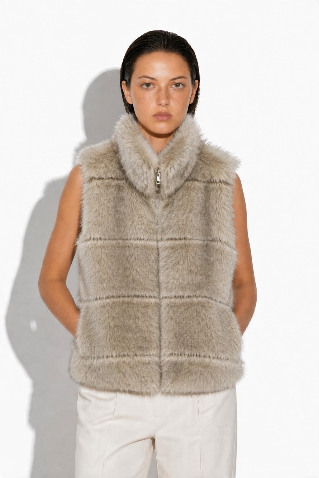 JA135 Beige Faux Mink Vest
