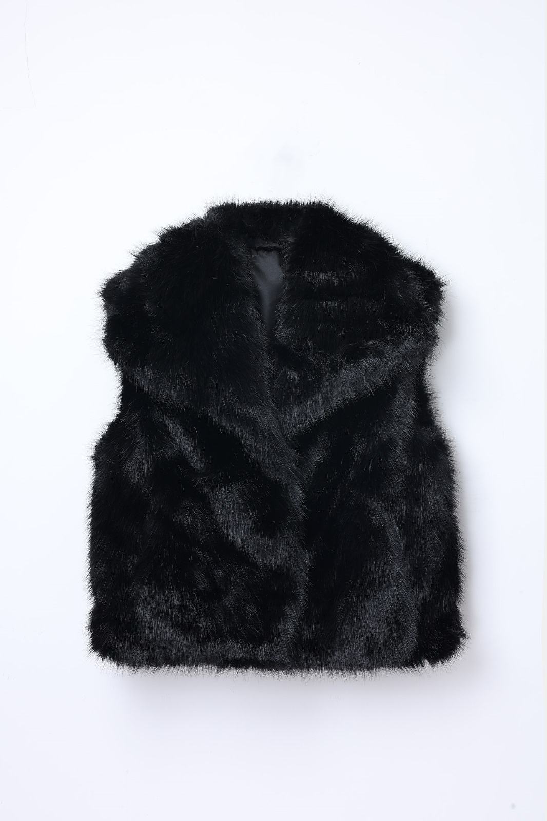 JA146 Black Wide Collar Faux Fur Vest