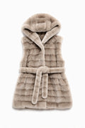 JA151 Gray Belted Hooded Faux Fur Vest