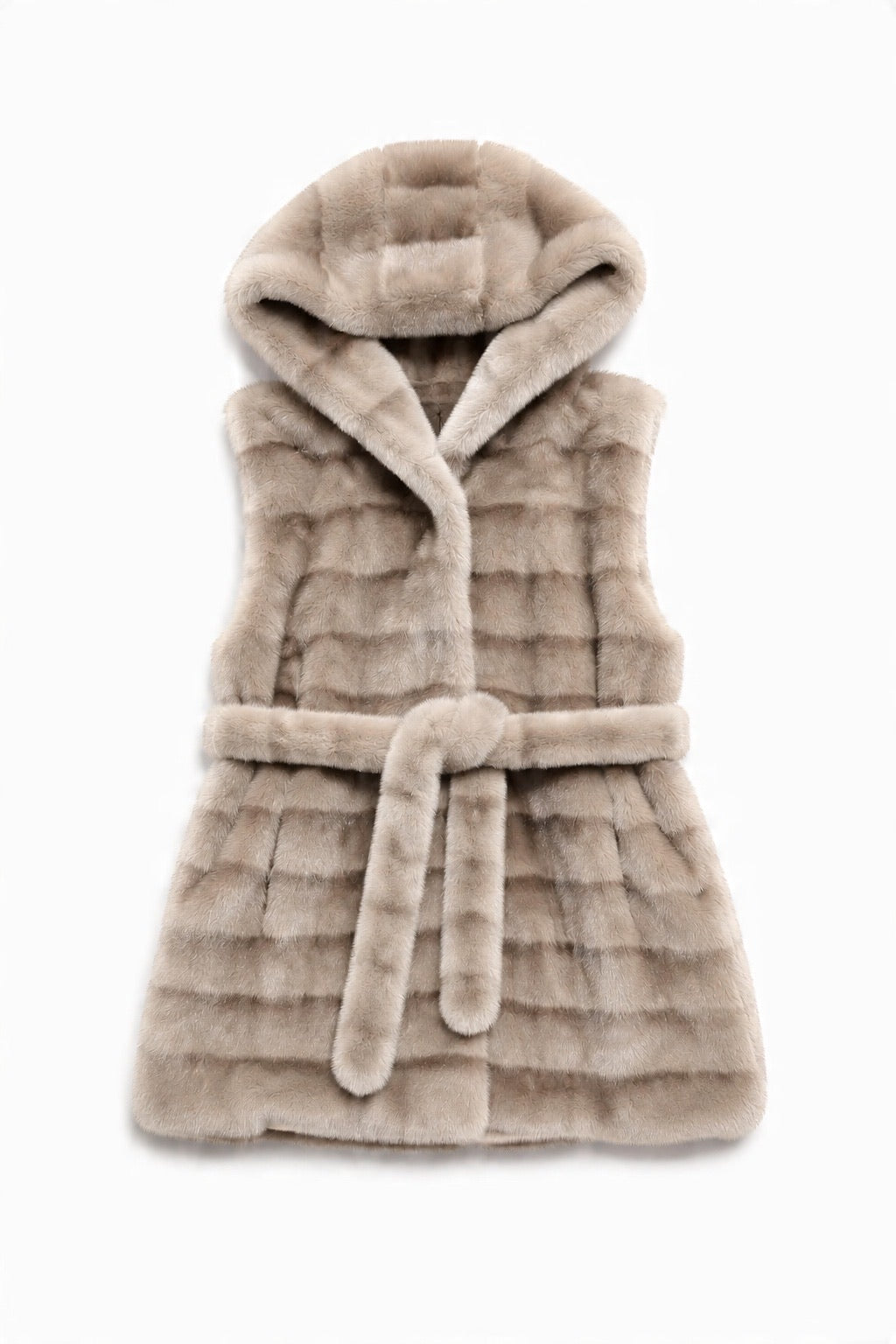 JA151 Gray Belted Hooded Faux Fur Vest
