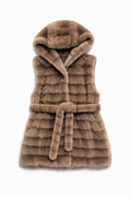 JA152 Taupe Belted Hooded Faux Fur Vest