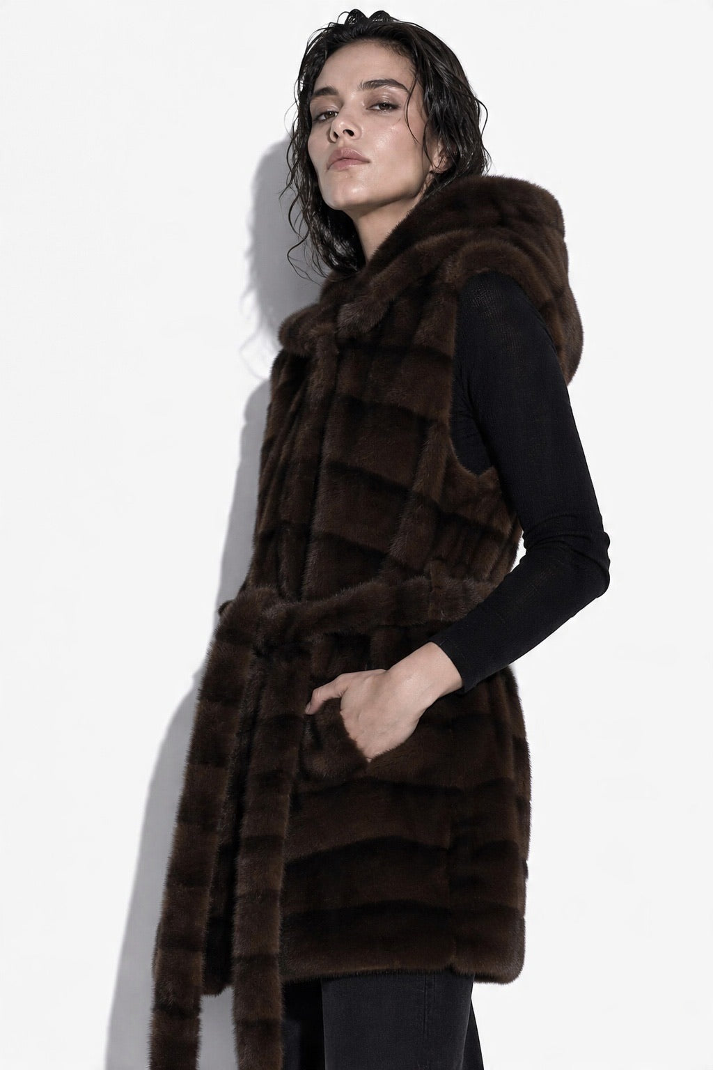 JA153 Coffee Belted Hooded Faux Fur Vest