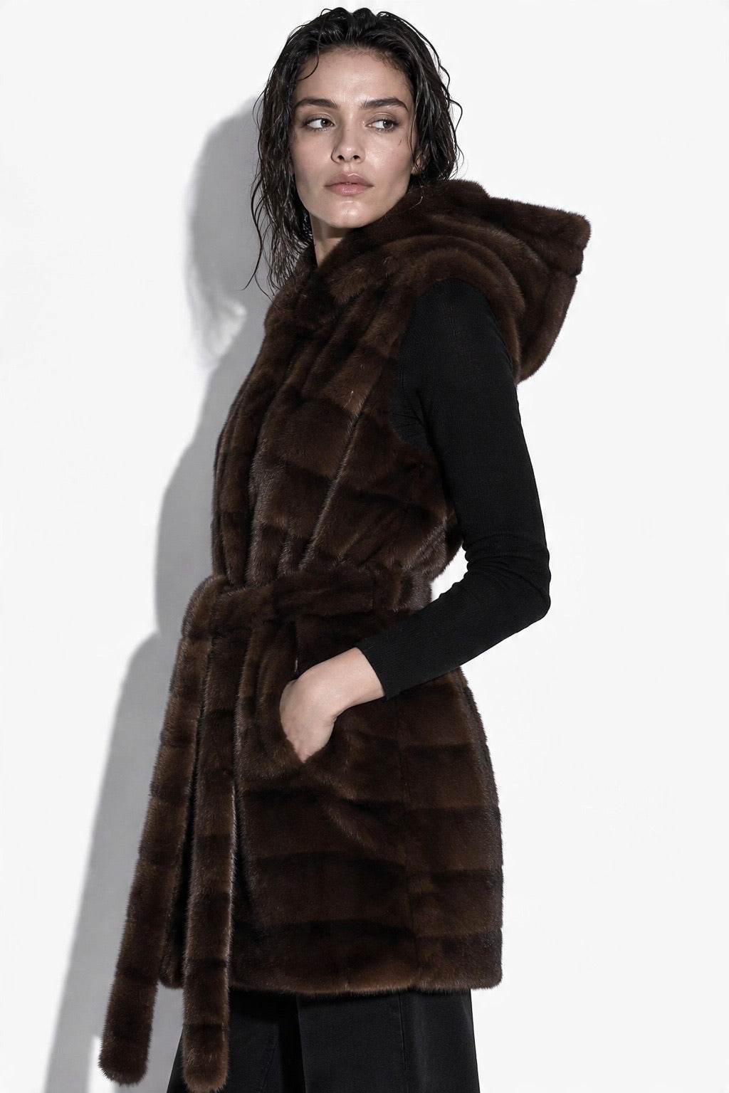JA153 Coffee Belted Hooded Faux Fur Vest