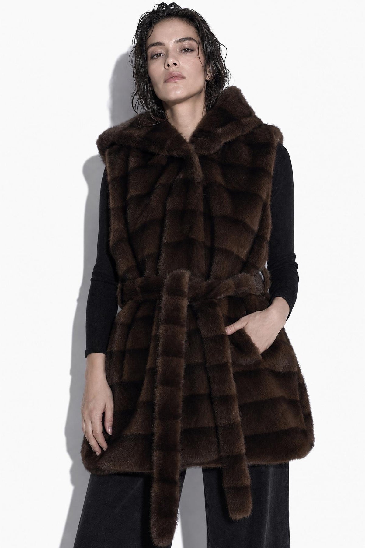 JA153 Coffee Belted Hooded Faux Fur Vest