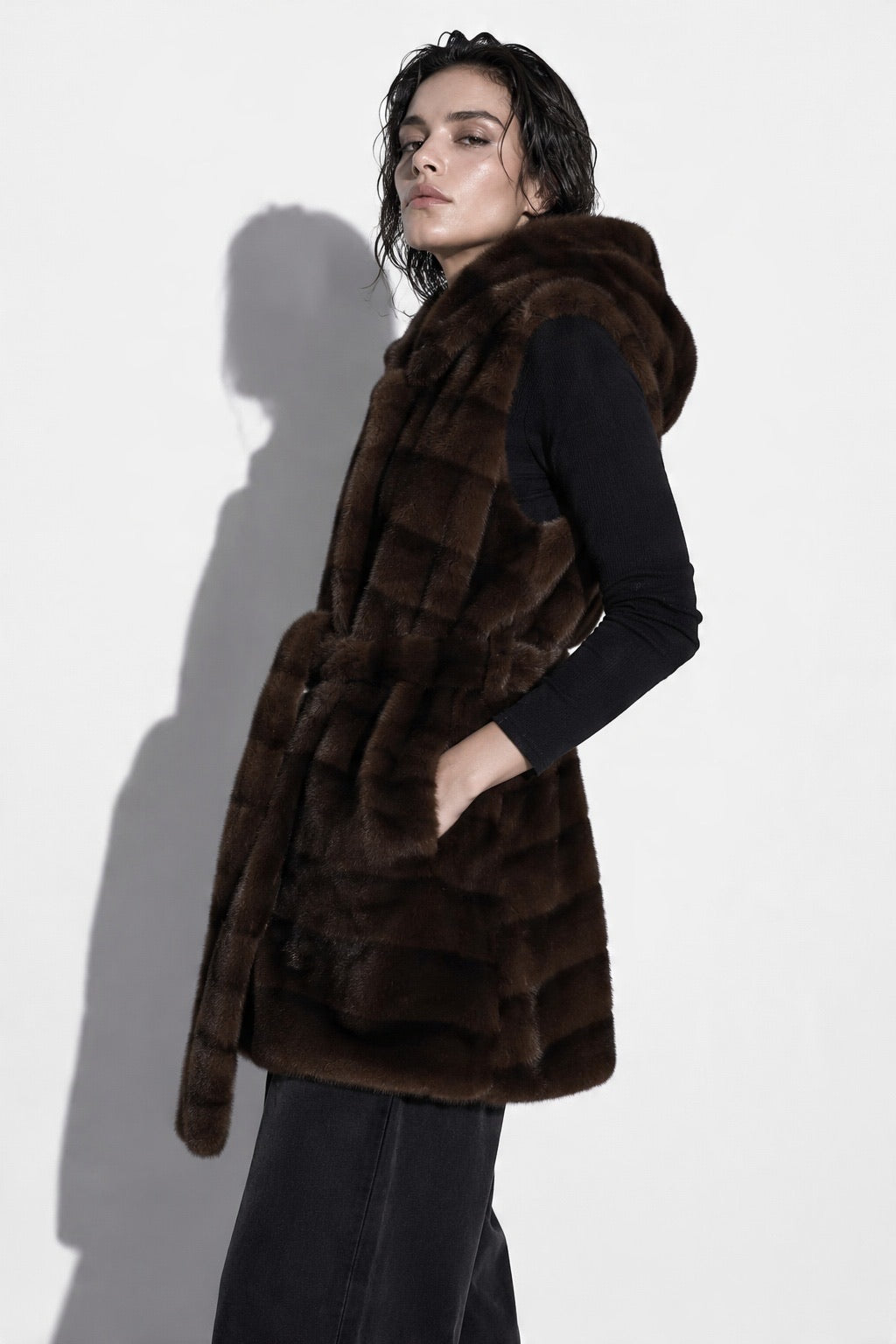 JA153 Coffee Belted Hooded Faux Fur Vest