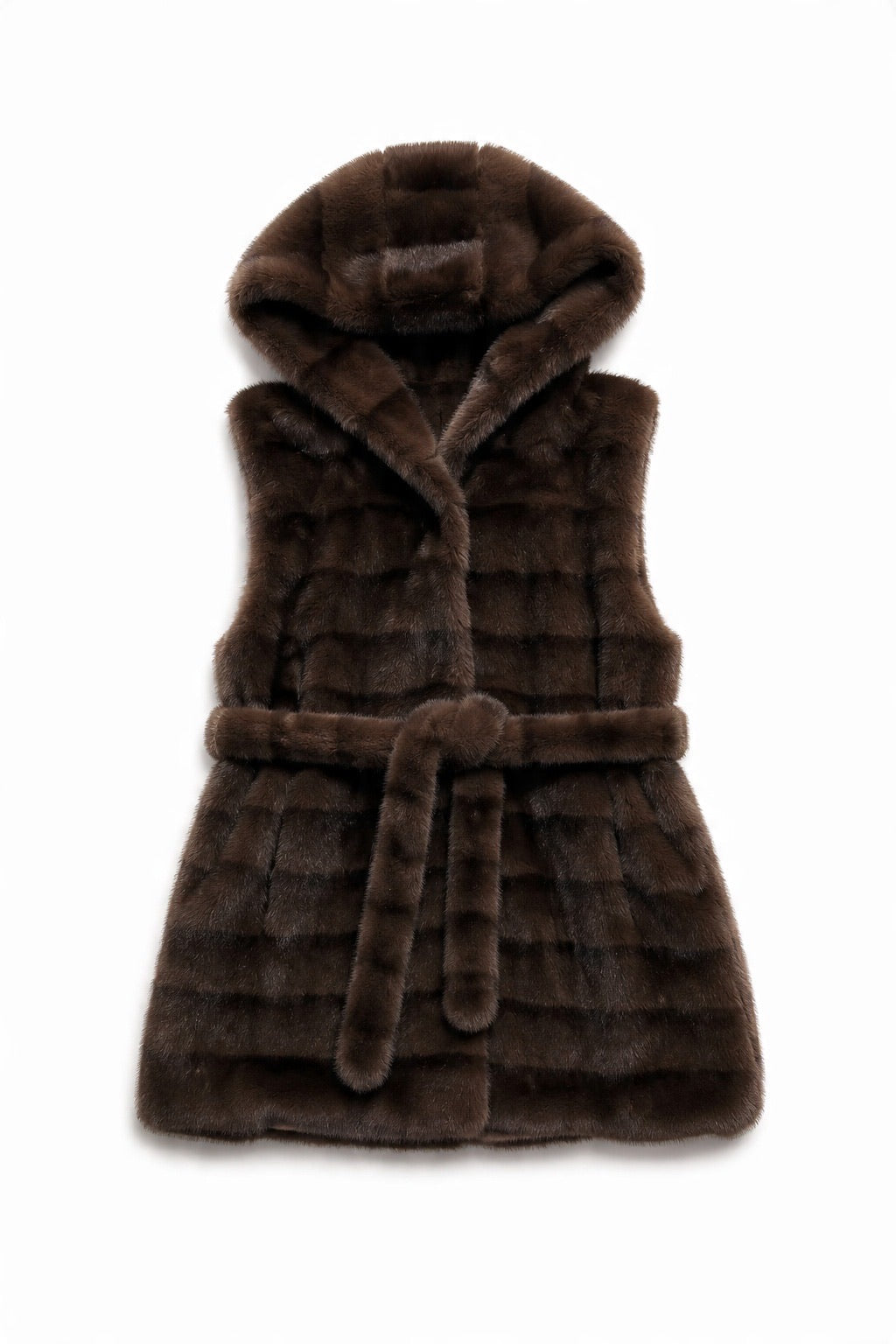JA153 Coffee Belted Hooded Faux Fur Vest