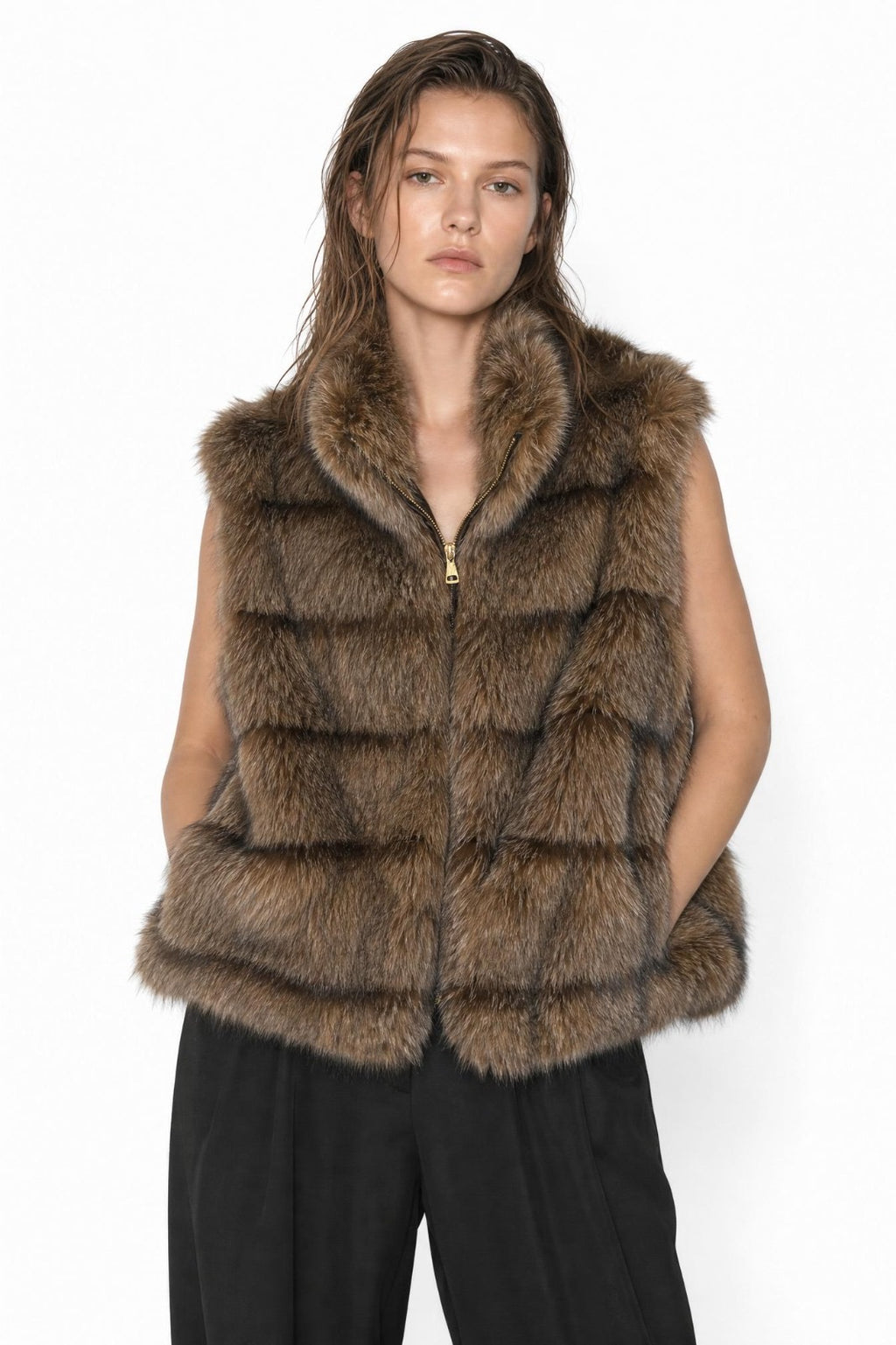 JA39 Brown Tiered Faux Fur Vest