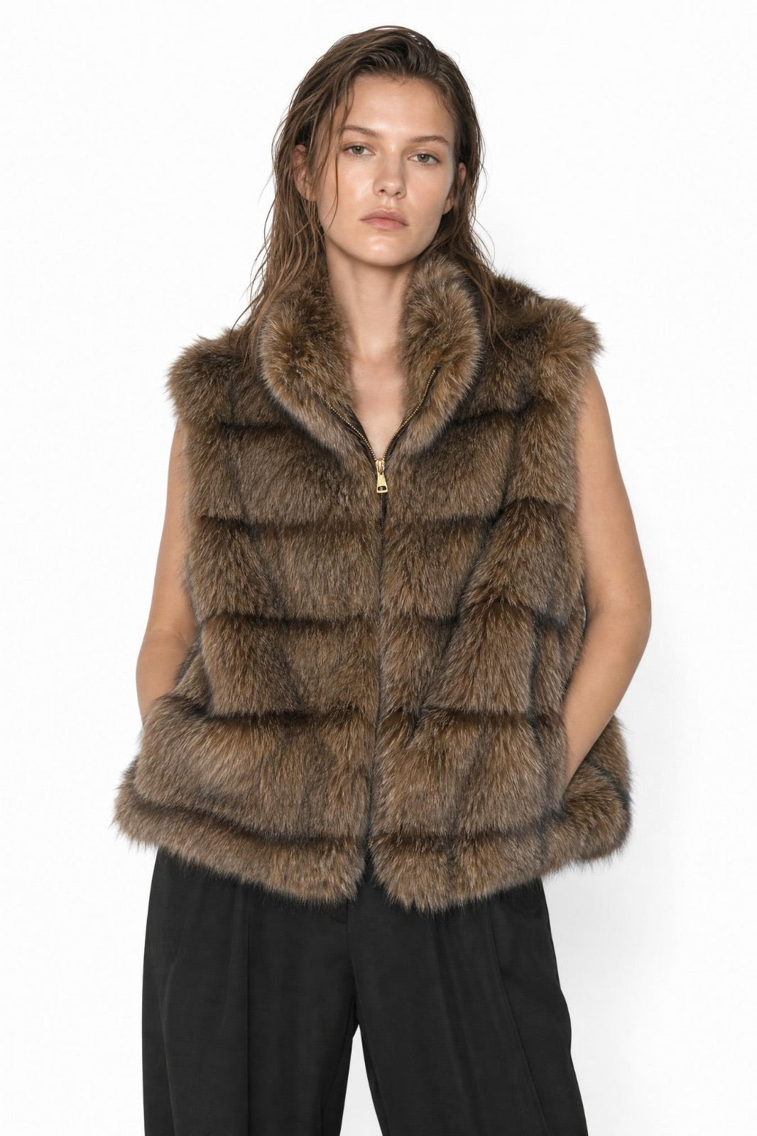 JA39 Brown Tiered Faux Fur Vest