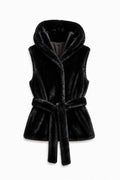 JA157 Black Belted Hooded Faux Fur Vest
