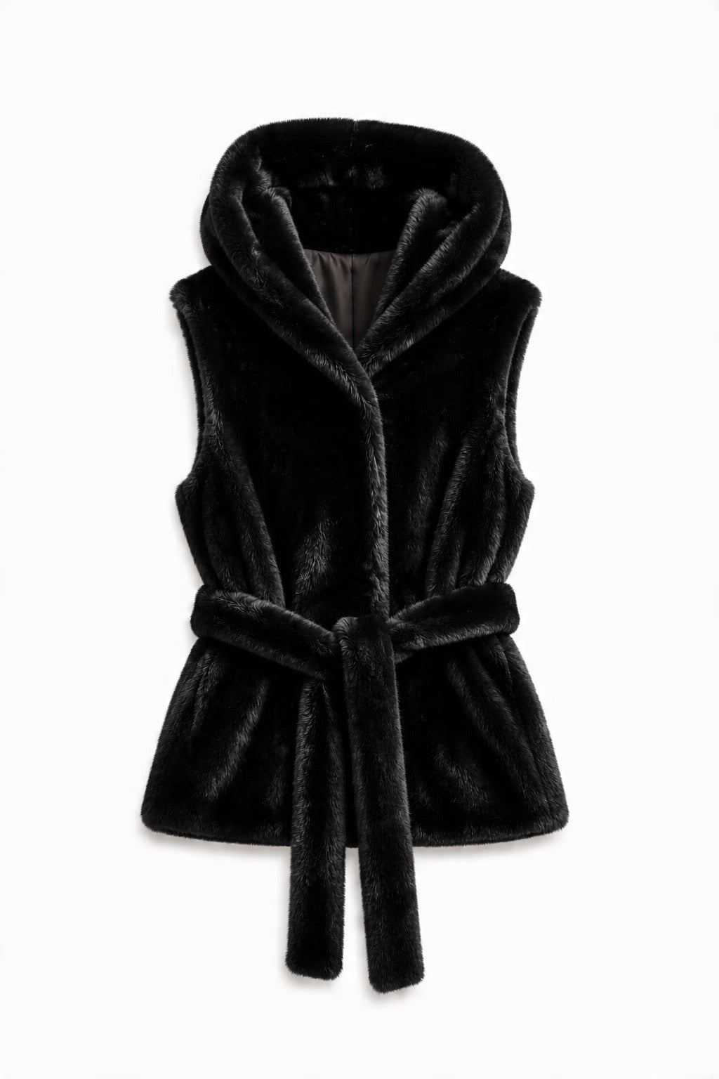 JA157 Black Belted Hooded Faux Fur Vest