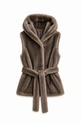 JA158 Taupe Belted Hooded Faux Fur Vest