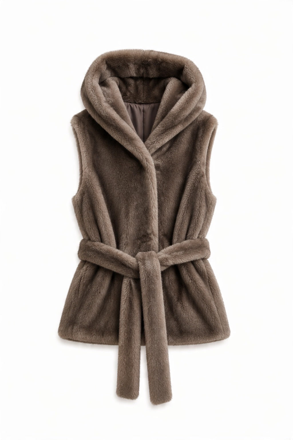 JA158 Taupe Belted Hooded Faux Fur Vest