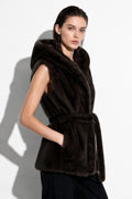 JA159 Brown Belted Hooded Faux Fur Vest