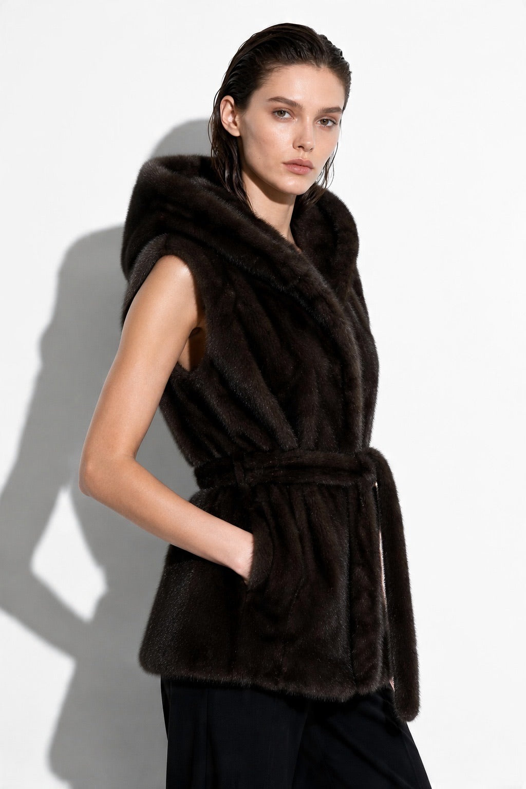 JA159 Brown Belted Hooded Faux Fur Vest