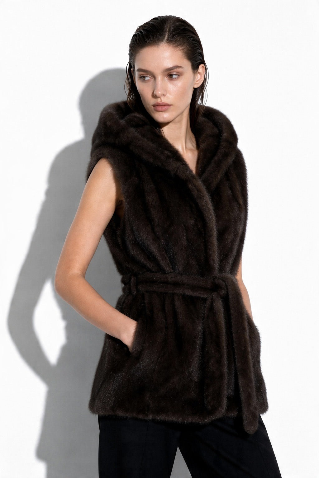 JA159 Brown Belted Hooded Faux Fur Vest