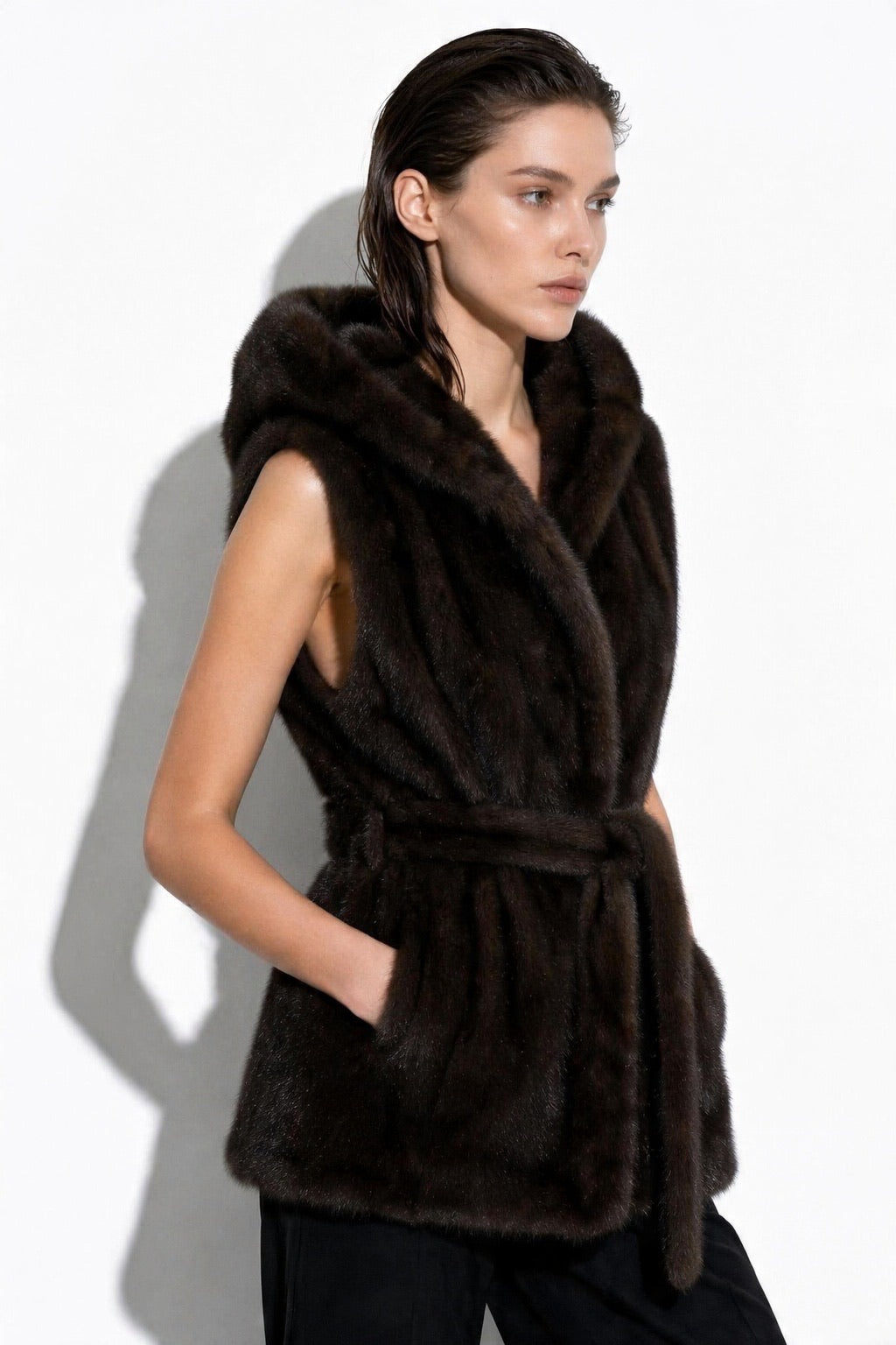 JA159 Brown Belted Hooded Faux Fur Vest