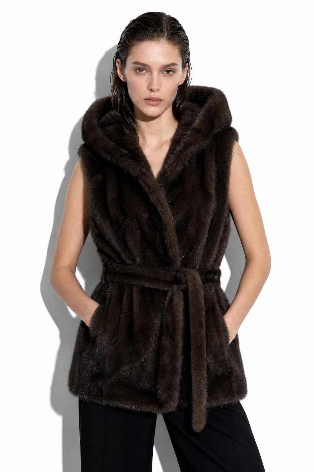 JA159 Brown Belted Hooded Faux Fur Vest