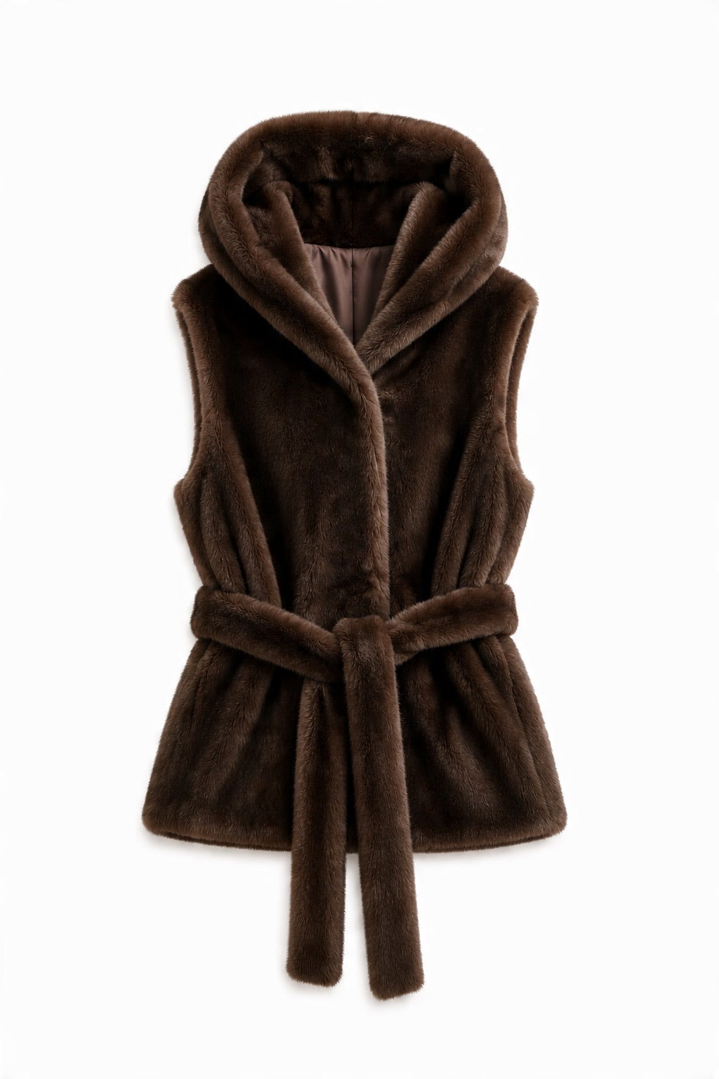 JA159 Brown Belted Hooded Faux Fur Vest
