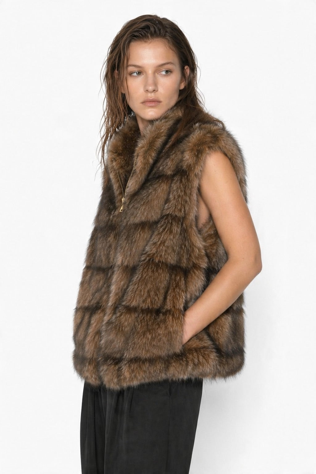 JA39 Brown Tiered Faux Fur Vest