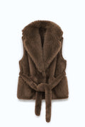 JA163 Taupe Belted Faux Fur Vest