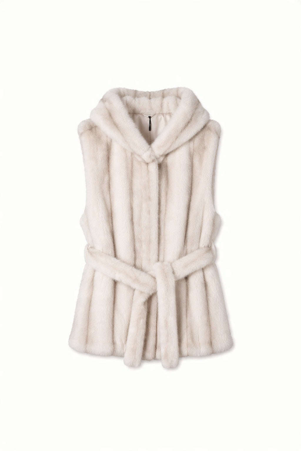 JA164 Beige Belted Hooded Faux Fur Vest