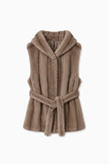 JA165 Taupe Belted Hooded Faux Fur Vest