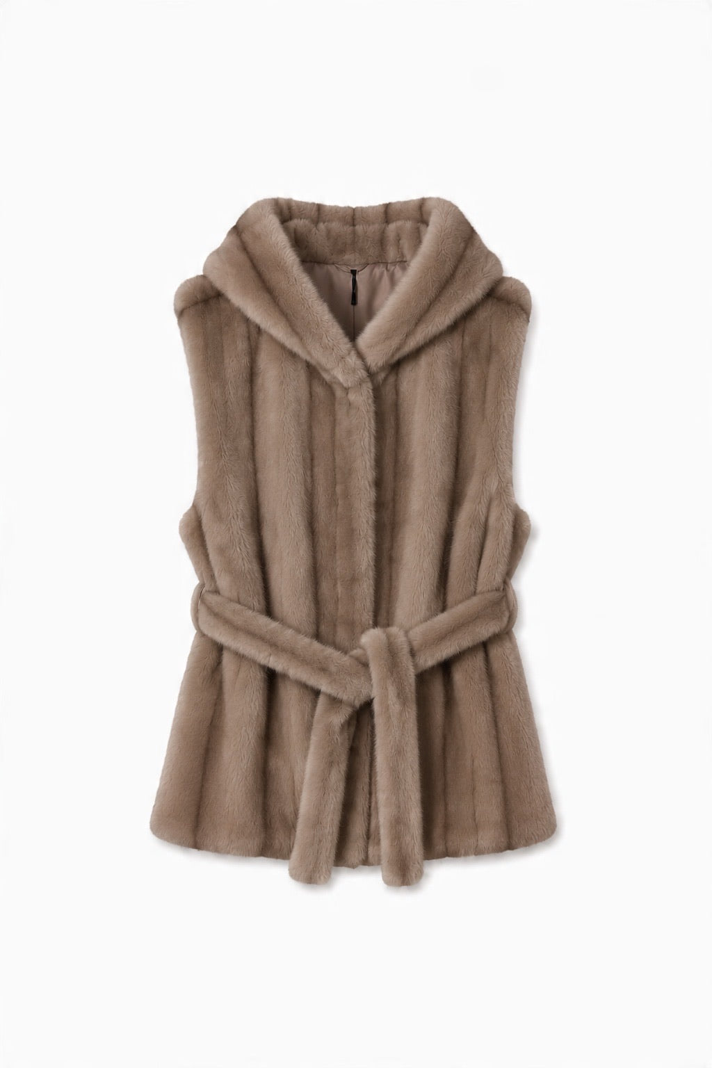 JA165 Taupe Belted Hooded Faux Fur Vest