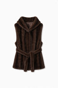 JA166 Brown Belted Hooded Faux Fur Vest