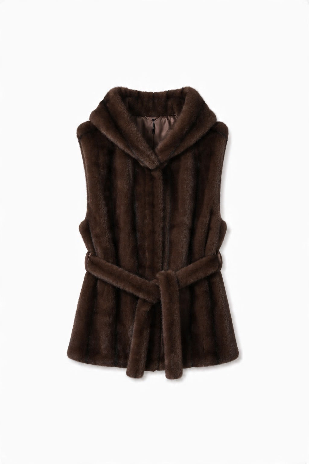 JA166 Brown Belted Hooded Faux Fur Vest