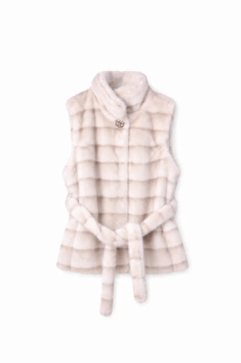 JA168 Beige Belted Plaid Faux Fur Vest