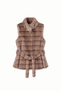 JA169 Taupe Belted Plaid Faux Fur Vest
