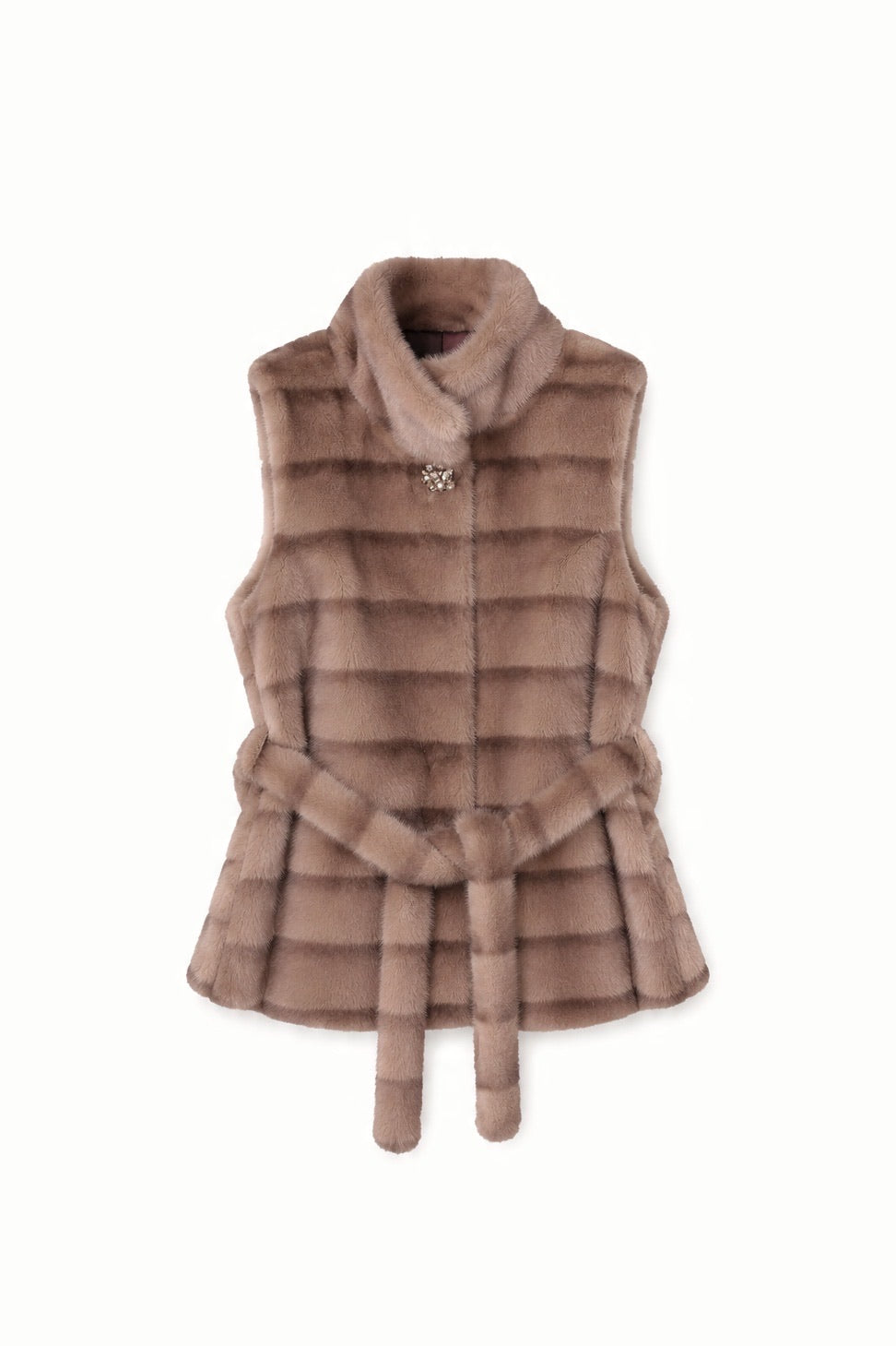 JA169 Taupe Belted Plaid Faux Fur Vest