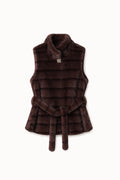JA170 Coffee Belted Plaid Faux Fur Vest