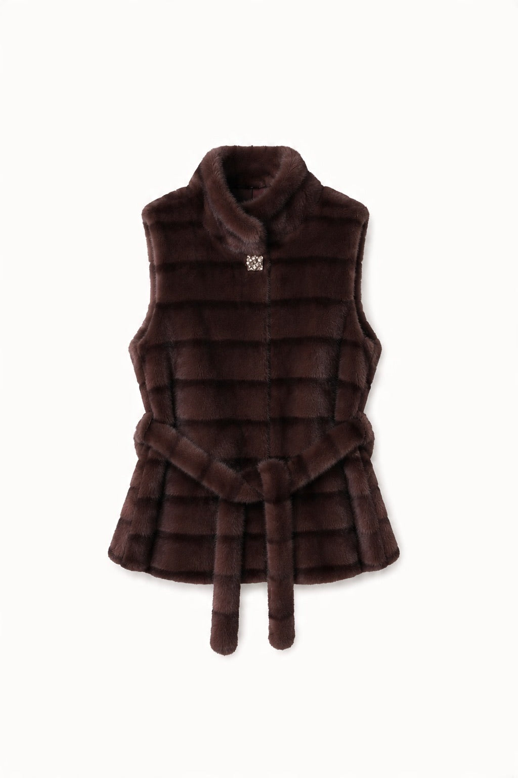 JA170 Coffee Belted Plaid Faux Fur Vest
