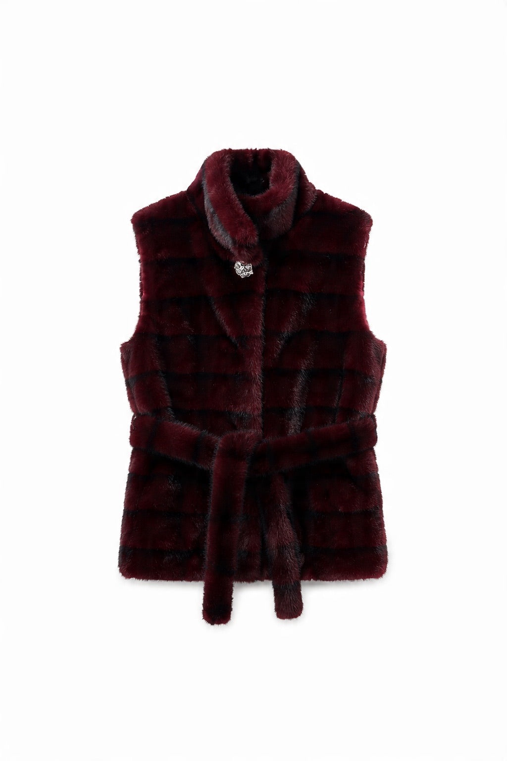 JA171 Red Belted Plaid Faux Fur Vest