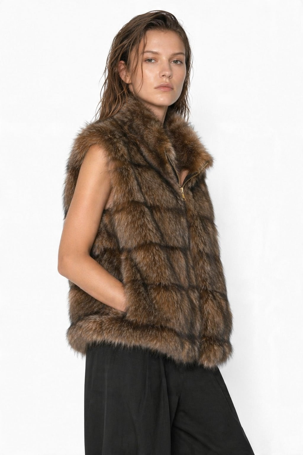 JA39 Brown Tiered Faux Fur Vest
