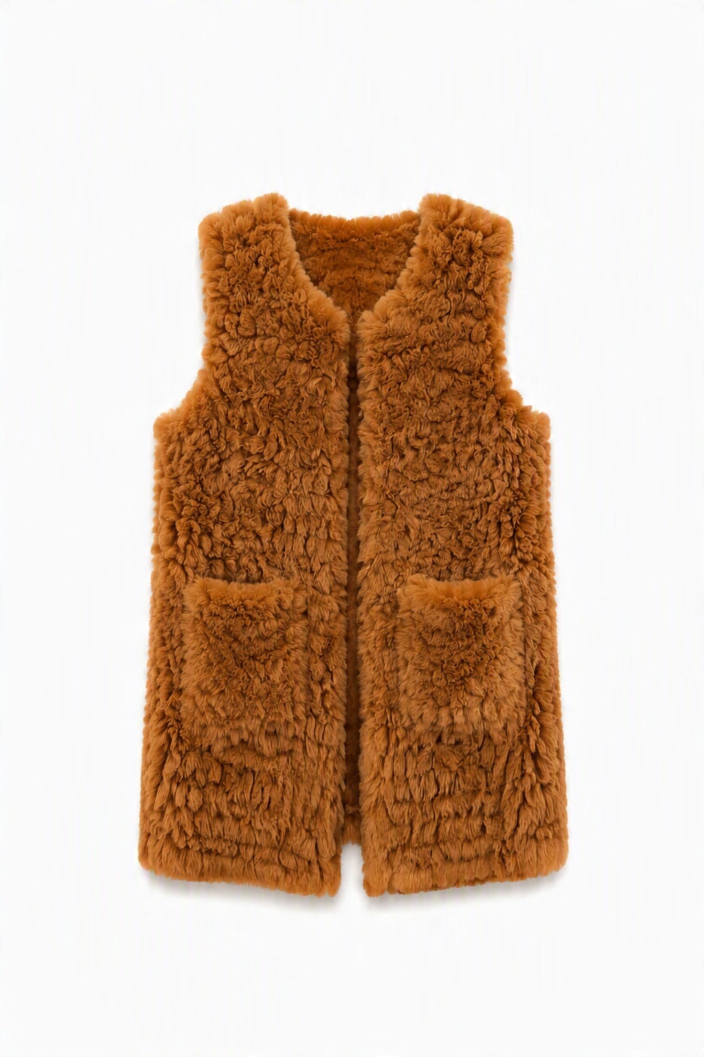 JA174 Tan Long Curly Faux Fur Vest