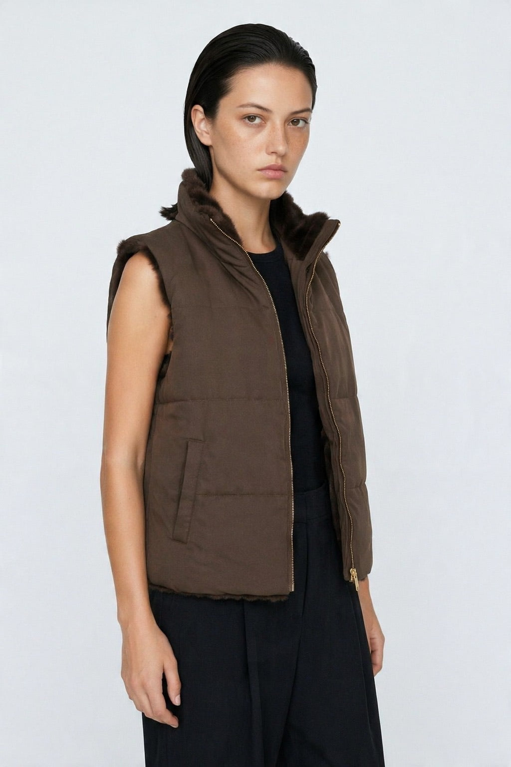 JA43 Dark Brown Reversible Faux Fur Vest