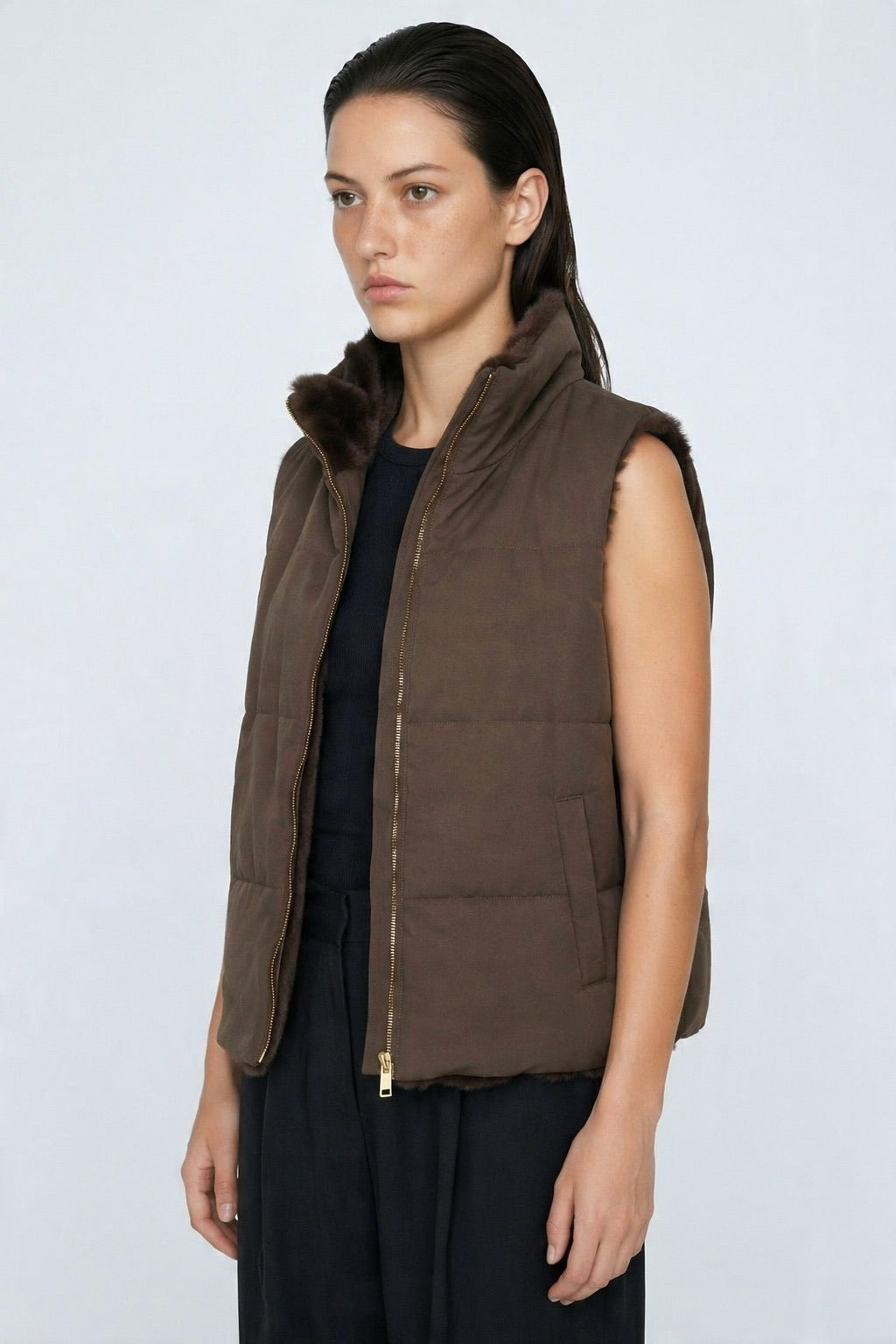 JA43 Dark Brown Reversible Faux Fur Vest