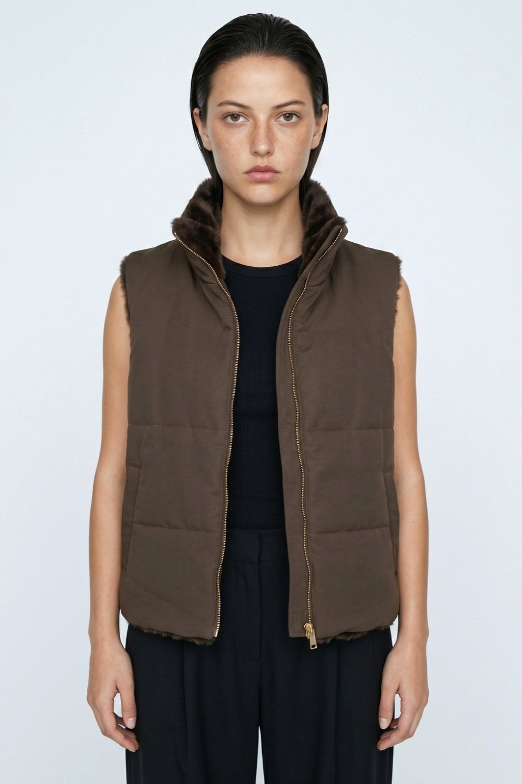 JA43 Dark Brown Reversible Faux Fur Vest