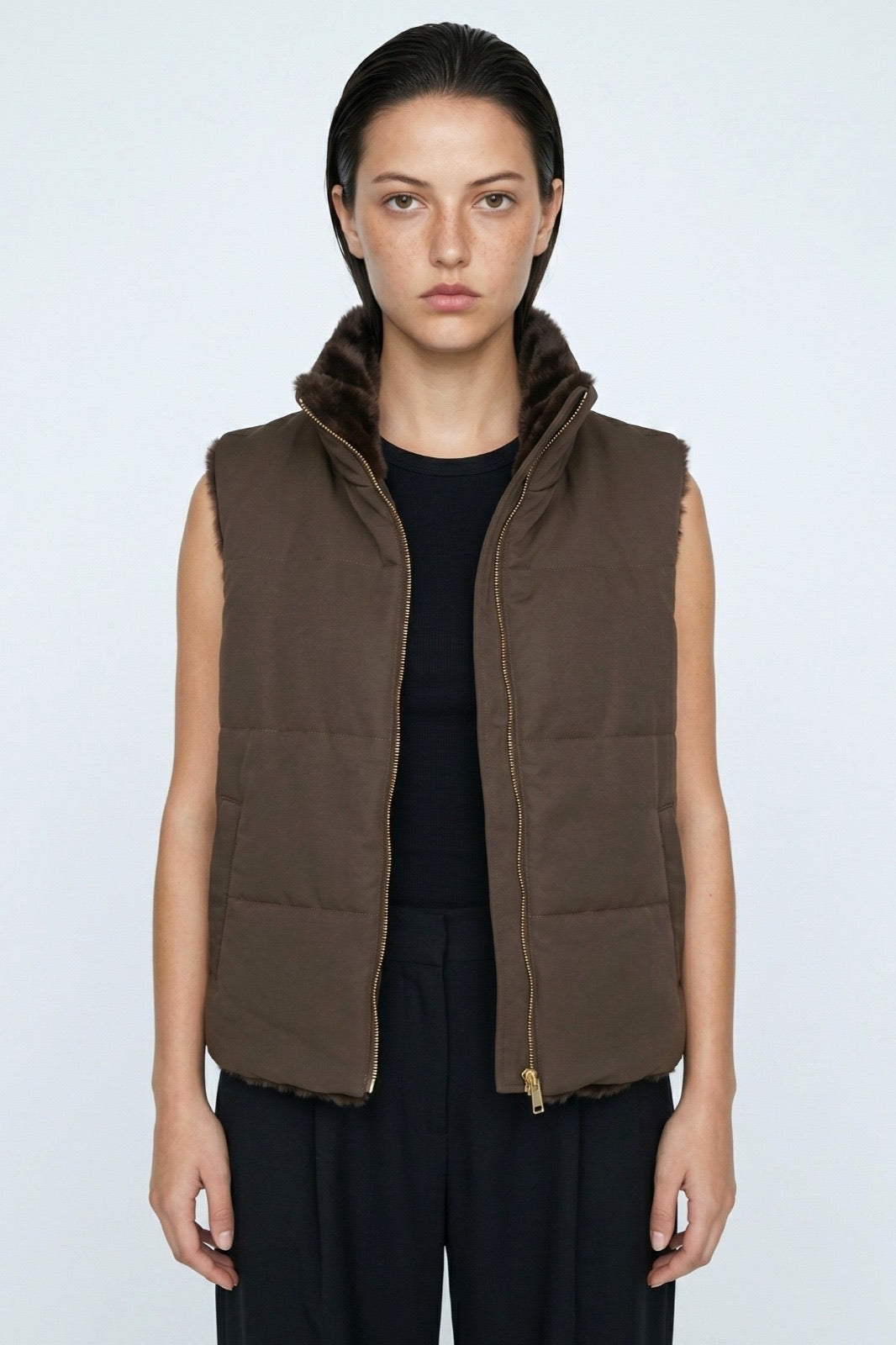 JA43 Dark Brown Reversible Faux Fur Vest