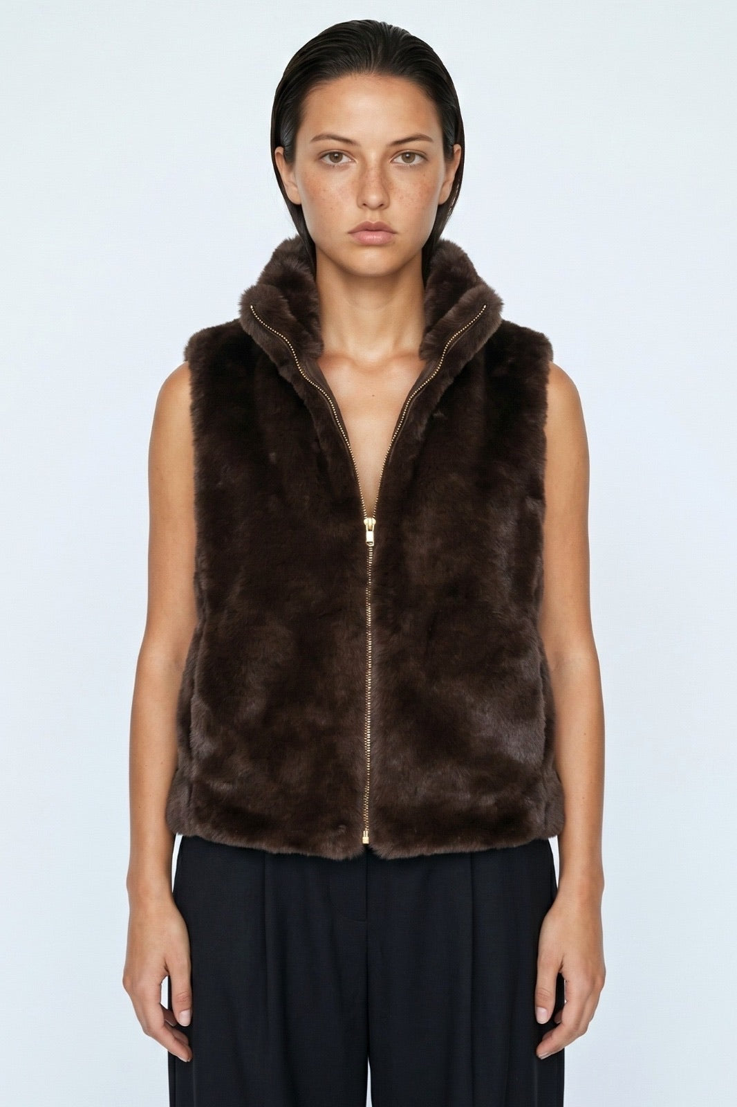 JA43 Dark Brown Reversible Faux Fur Vest