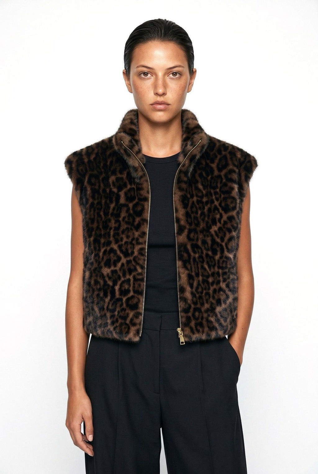 JA56 Brown Leopard Faux Mink Vest