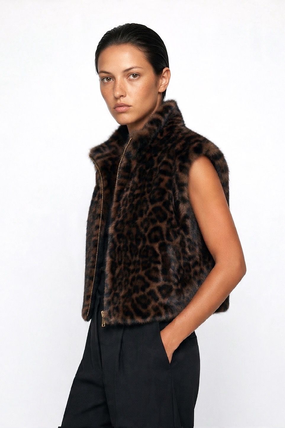 JA56 Brown Leopard Faux Mink Vest
