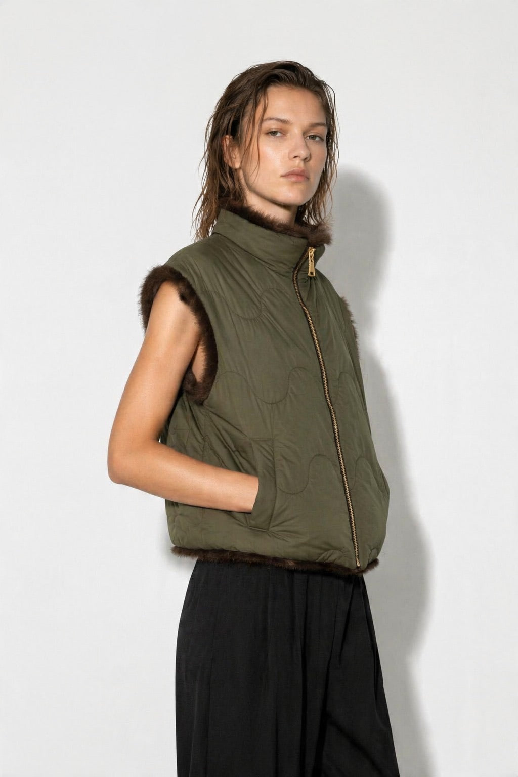JA67 Olive Reversible Faux Mink Vest