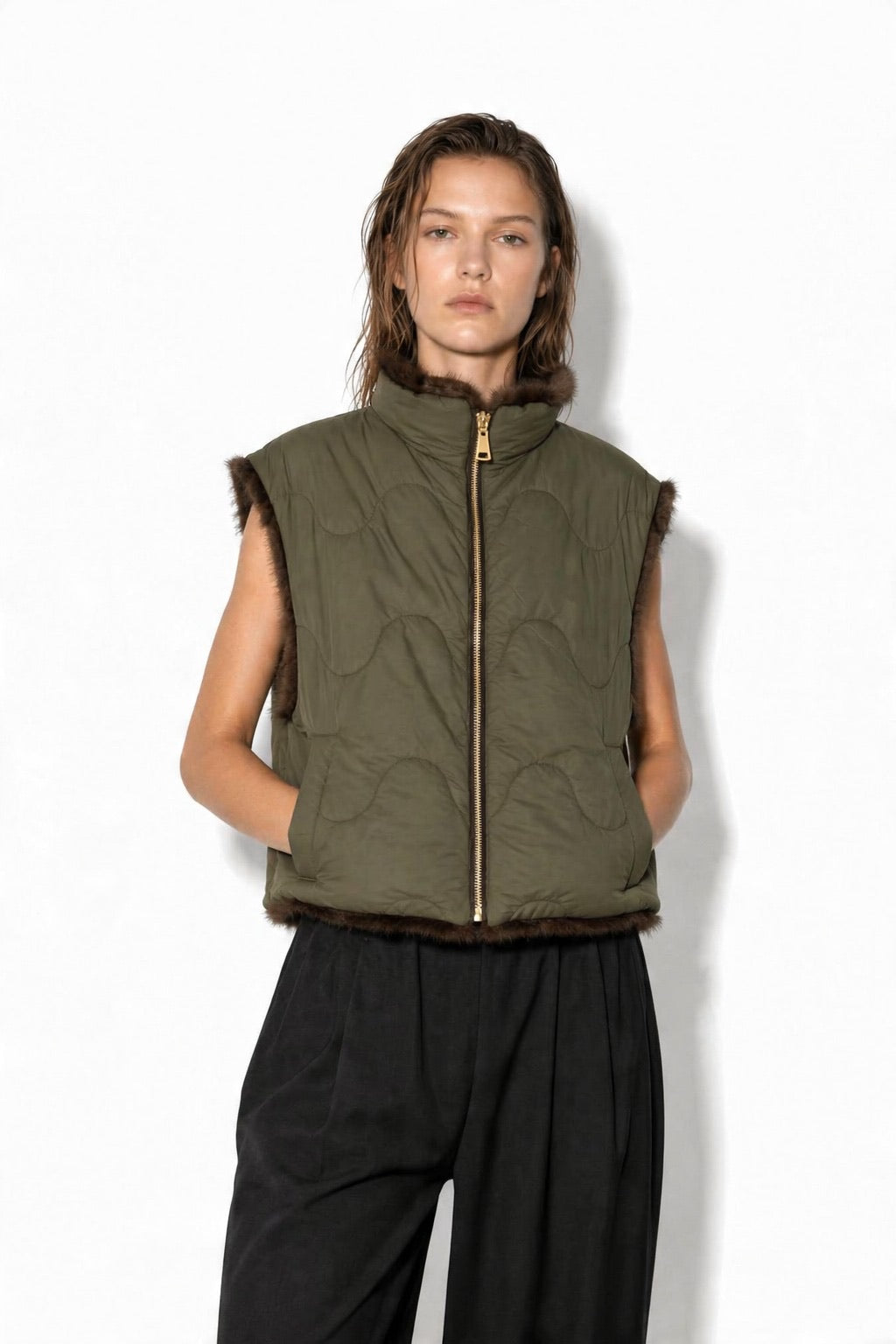 JA67 Olive Reversible Faux Mink Vest