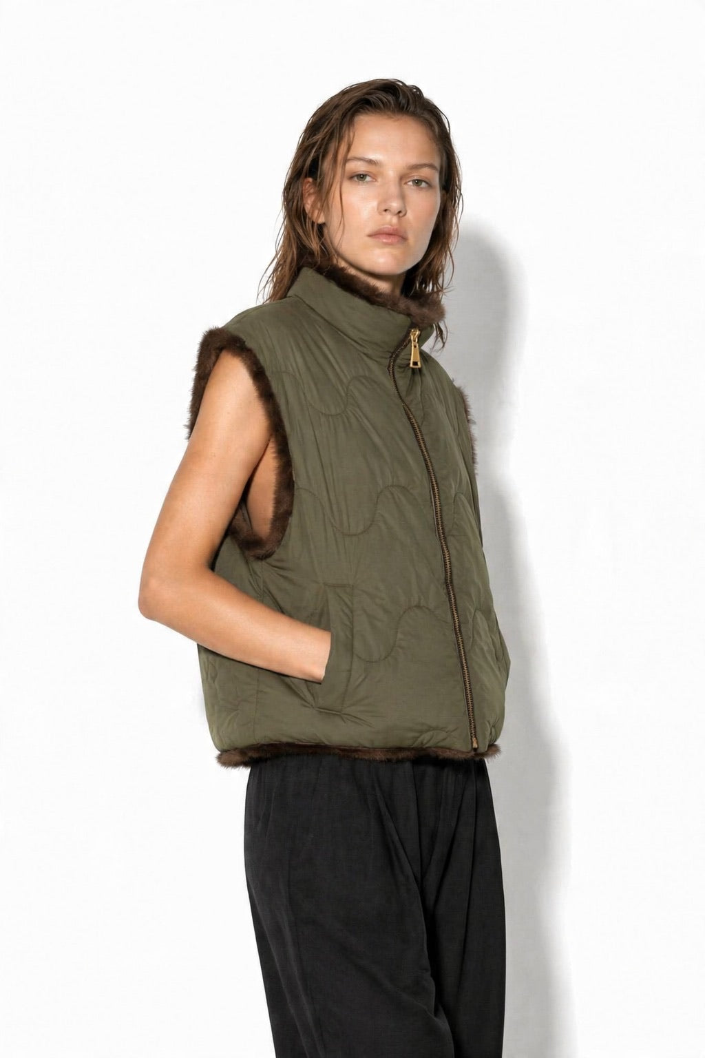 JA67 Olive Reversible Faux Mink Vest